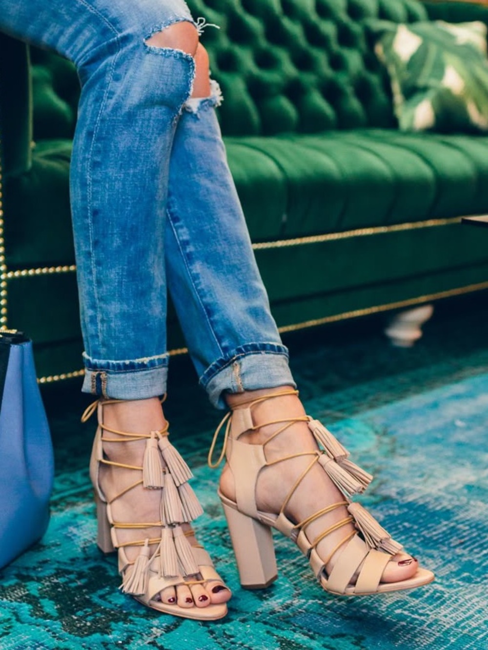 Loeffler Randall Heels Leather Tan Beige Tassels Sandals 7.5